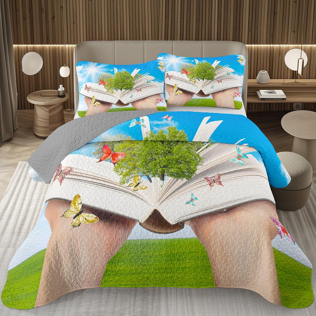 Magic Book Bedspreads Retro Books Quilted Coverlet Full Queen Bedding Set for Girls Youth Teens Child Soft Reversible Quilt Set