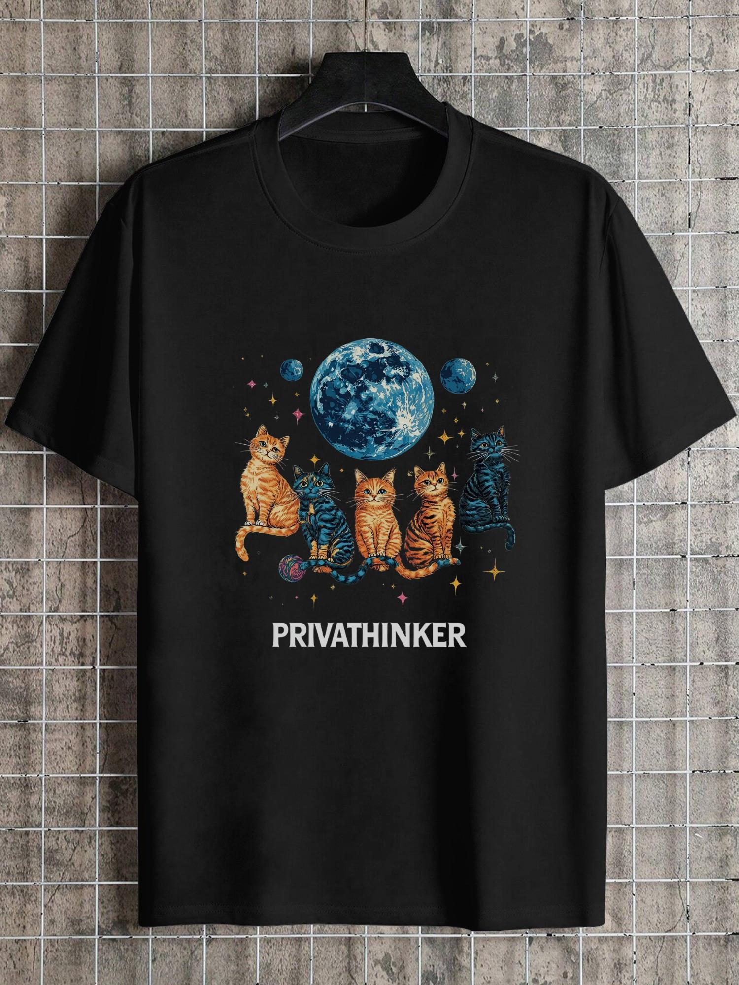 

1pc Black Cat Cosmic Graphic T-shirt - 180g Cotton Crew Neck Short Sleeve Tee with Space Cats XXXL