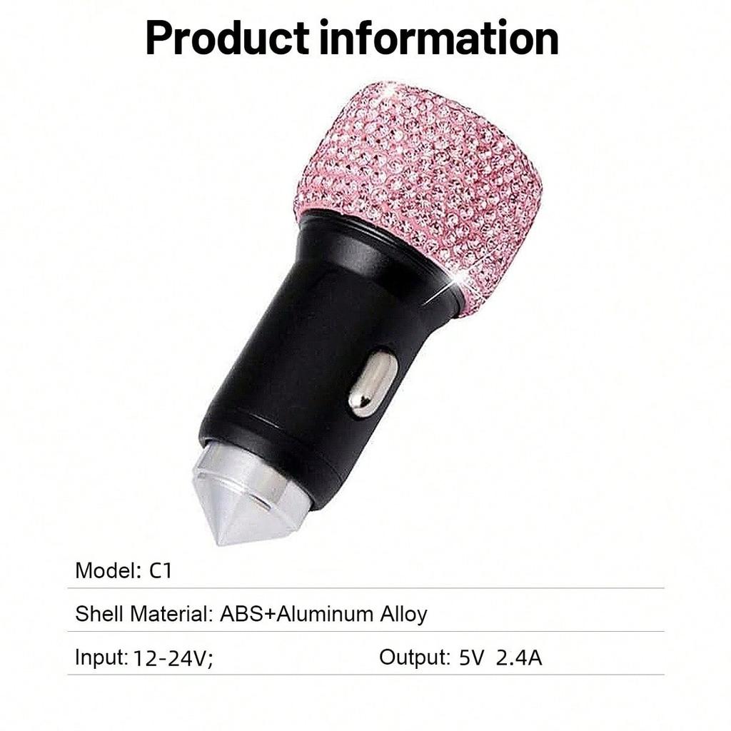 1pc Bling Bling Rhinestone Studded Car Charger, Fast Charging, USB A/C Car Phone Charger, Heart-Shaped LED Display Rhinestone Car Charger Adapter