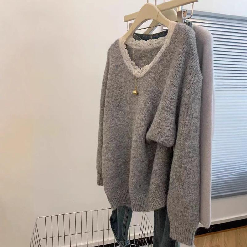 Gray V-neck Pullover Outside Sweater Women's Autumn and Winter New Lazy Wind Thickened Design Top Medium and Long