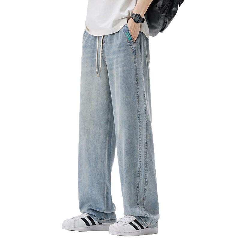 Vintage Washed Elastic Waist Jeans Men's Summer Thin Wide-leg Pants