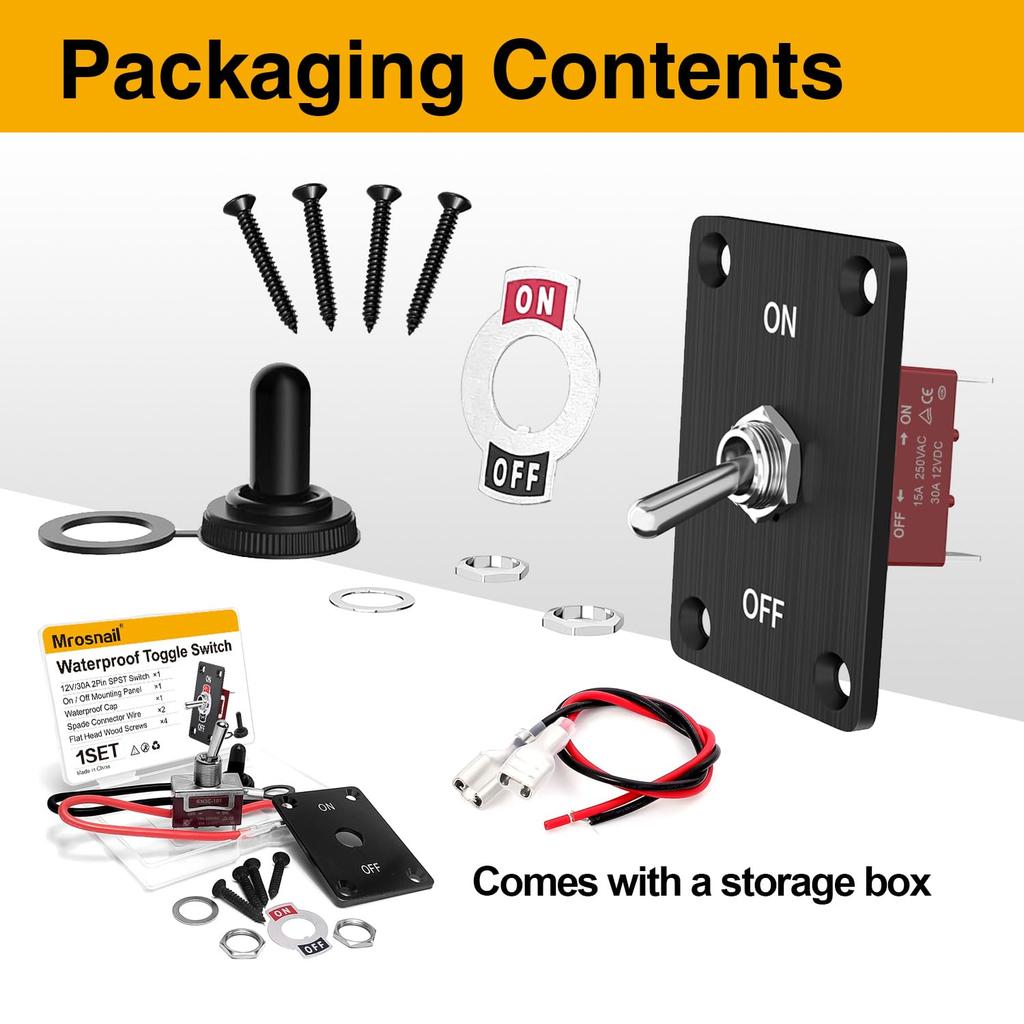 Waterproof Toggle Switch 12V DC 30A, Heavy Duty SPST 2 Pin On Off Switch with Mounting Panel, Boot Cover for Marine Automotive Car Boat RVs