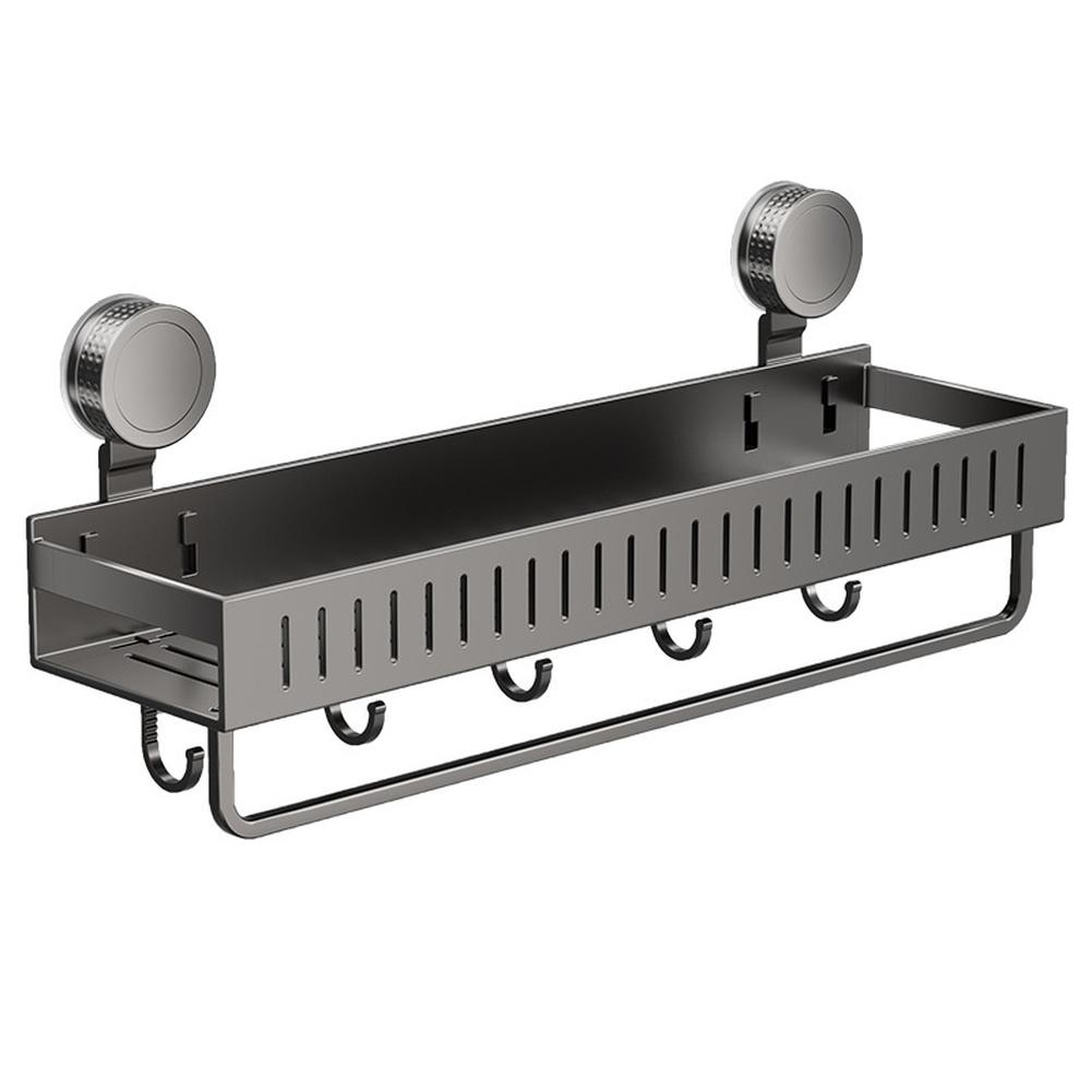 Multi Tier Suction Cup Shower Shelf with Hooks and Towel Rack for Efficient Bathroom Storage Rust Resistant Finish