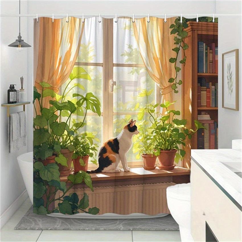 

Cute Cat With Green Plants By Window Shower Curtain Machine Washable All Season Waterproof Privacy Protection Nature Designcozy W60H190(CM)-1 Pcs