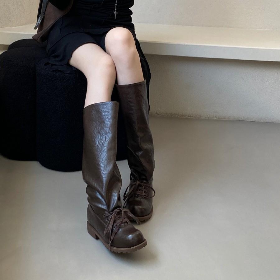 Ballet style retro western stacking boots women's 2025 new two-wear pleated straps medium boots giant soft boots