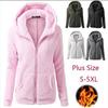 Jacket Women Autumn Winter Fleece Hooded Overcoat Loose Solid Color Pocket Pullover Classic Windproof Zipper Up Overcoat