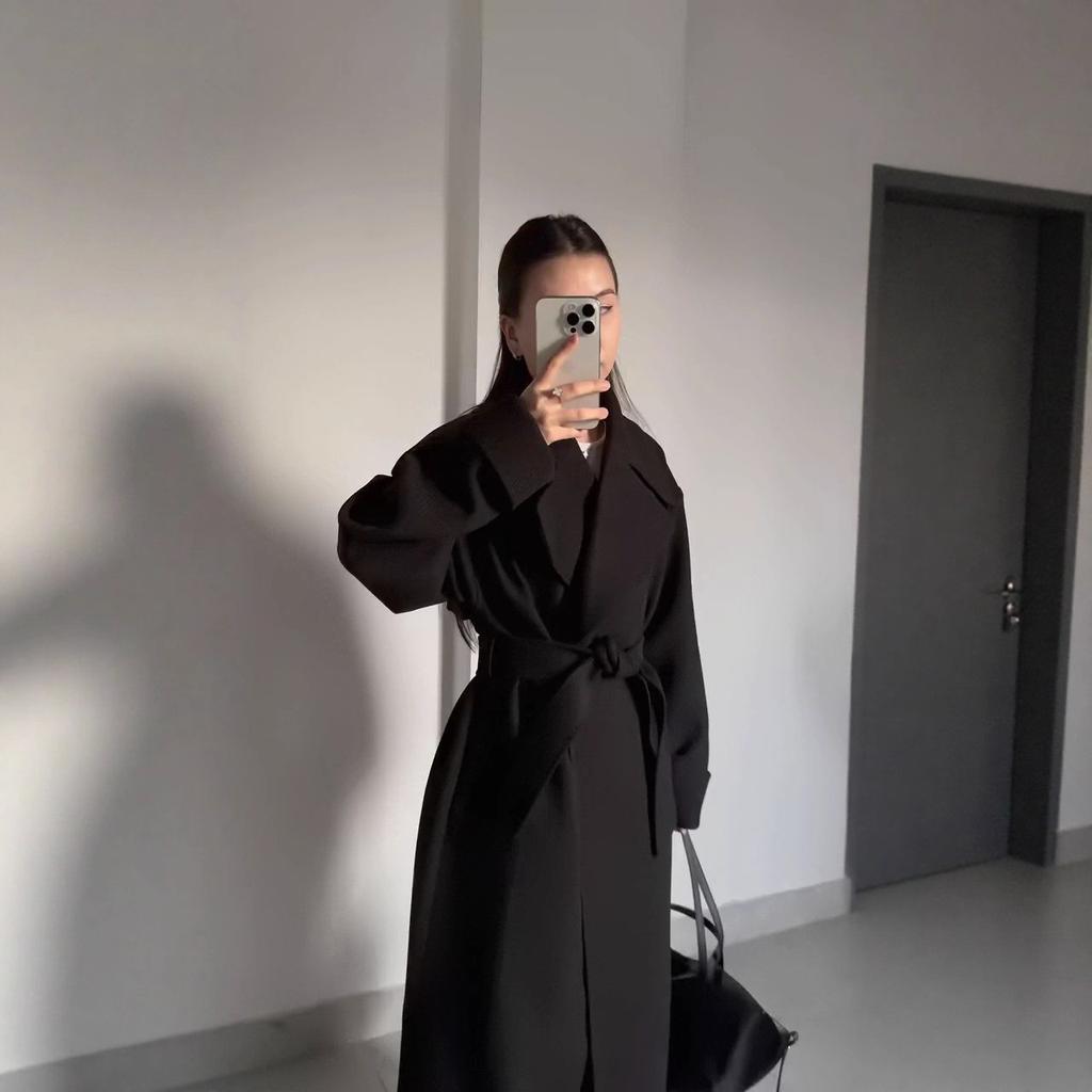 2025 Cross-border European and American Women's Clothing Amazon Large Lapel Casual Loose Lace-up Long Woolen Coat Coat