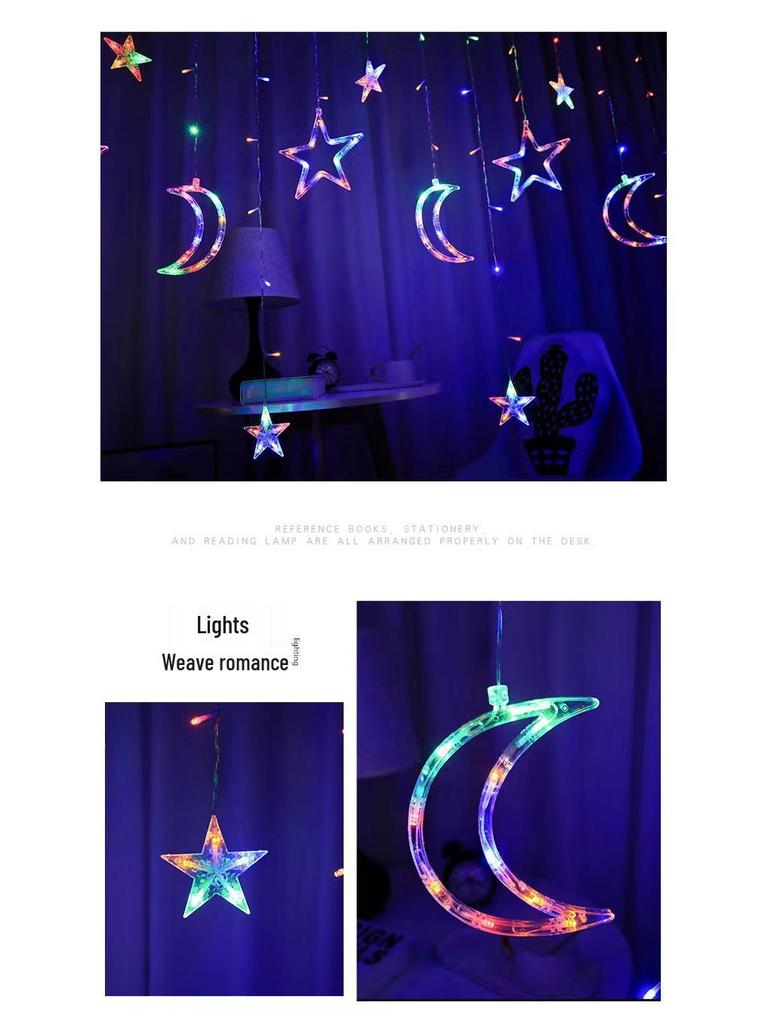 Outdoor Solar LED Star and Moon String Lights - Decorative Holiday Fairy Curtain Lights