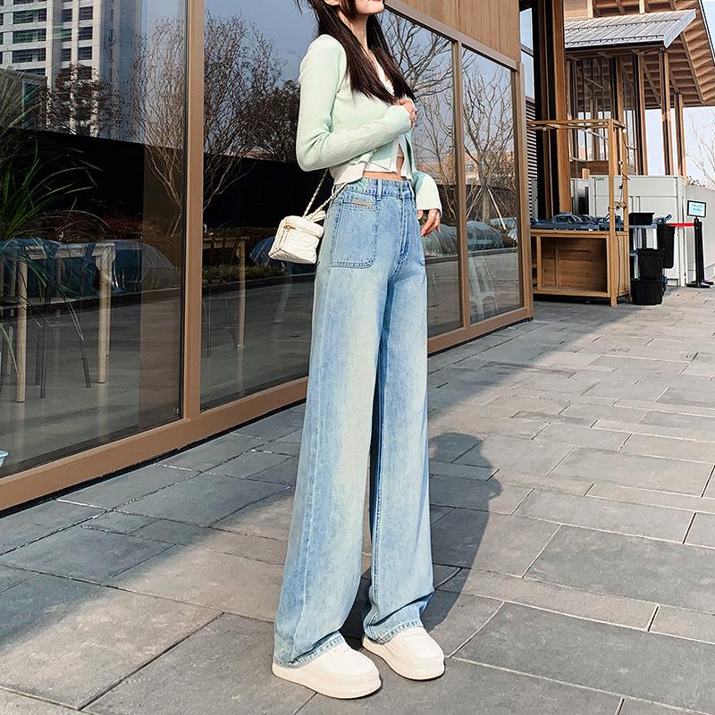 

Женские джинсы светлого цвета с высокой посадкой и широкими штанинами - Лето 2025, стройнящие, для фигуры типа груша , прямые, моп-брюки S (45-49 kg) светло-синий