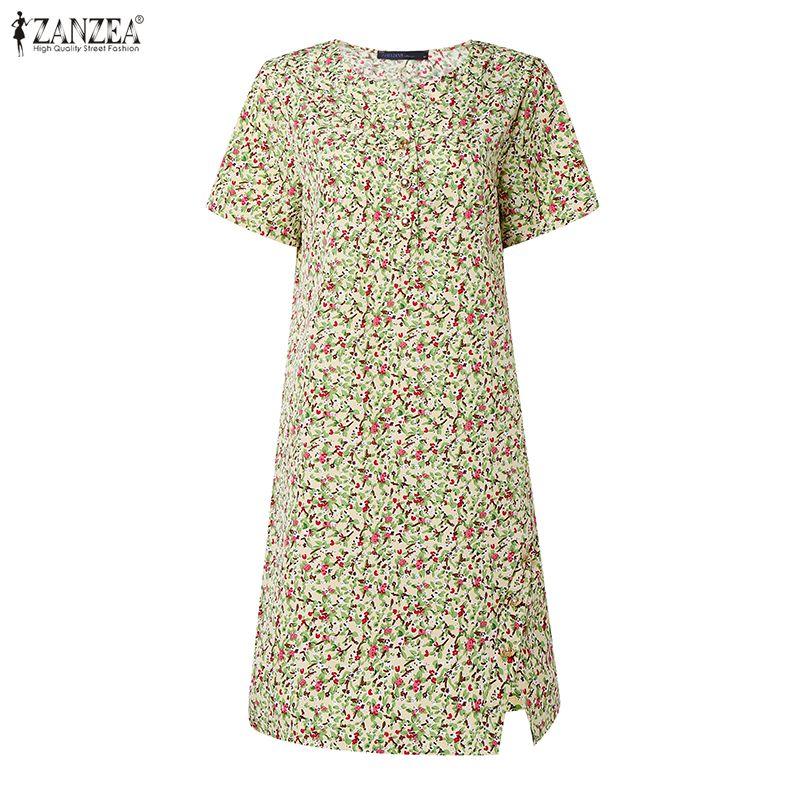 ZANZEA Lässiges Kleid mit Rundhalsausschnitt und Blumendruck für Damen, kurzärmelig
