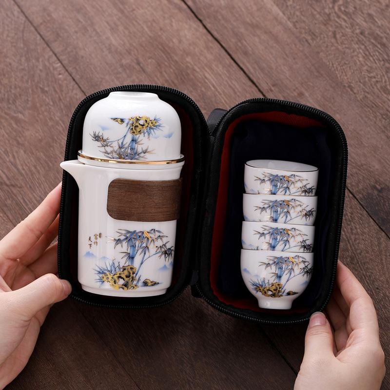 Tea set, portable white porcelain belt bag, portable express cup storage gift, suet jade porcelain business gift box