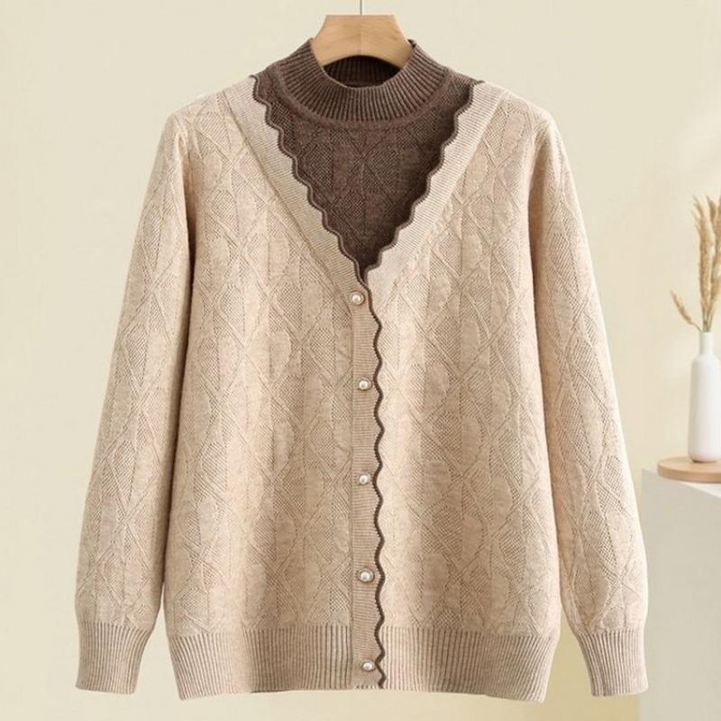 Chinese women's clothing new fake two-piece sweater top short knitted sweater mother autumn clothing middle-aged and elderly bottoming shirt