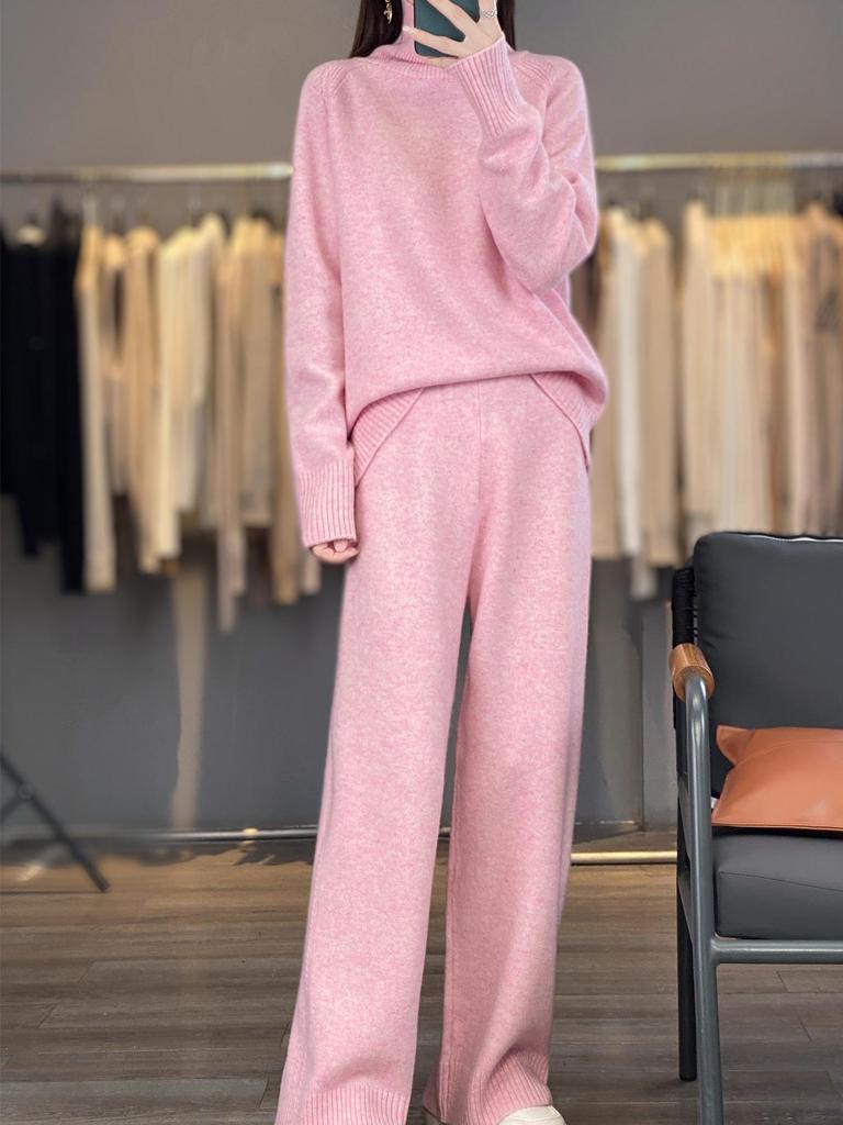 2026 Fall/Winter Pure Wool High-Neck Sweater & Wide-Leg Pants Set