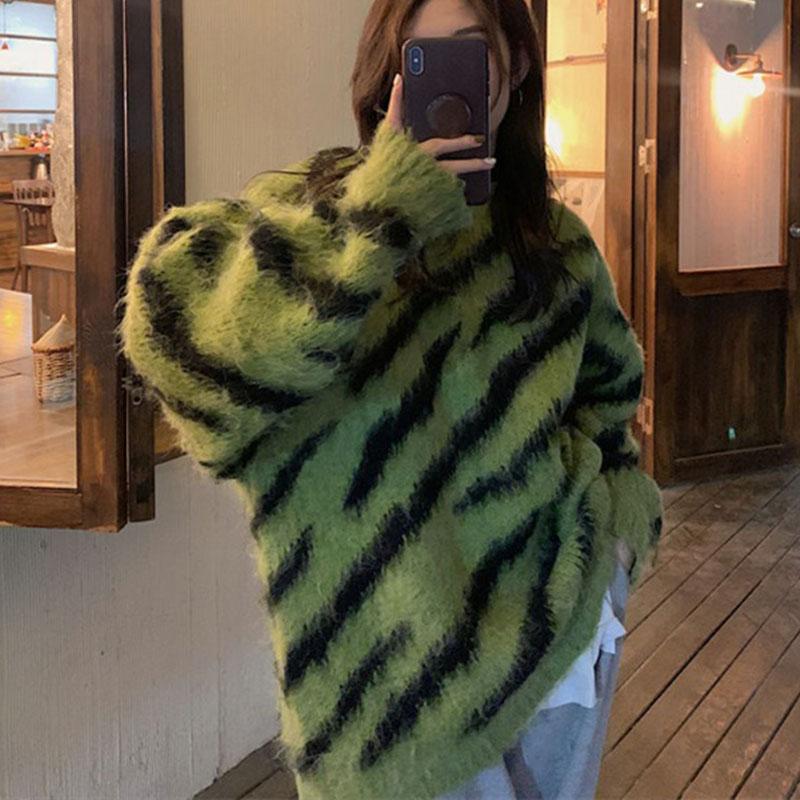 Κορεάτικο ζεστό πουλόβερ Λεοπάρ στάμπα πανωφόρι για φθινόπωρο και χειμώνα, χαλαρό, μαλακό, κολλώδες πουλόβερ μεσαίου μήκους Γυναικείο