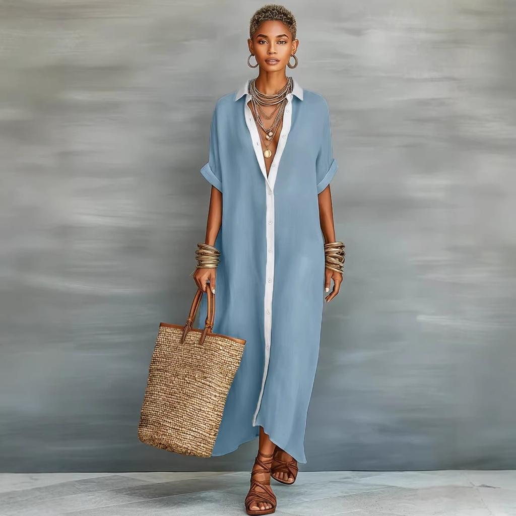 Women's Colour-blocked Loose-fit Long-Sleeve Cotton-Linen Polo Neck Shirt Dress – A Stylish Comfortable and Casual Dress for Women