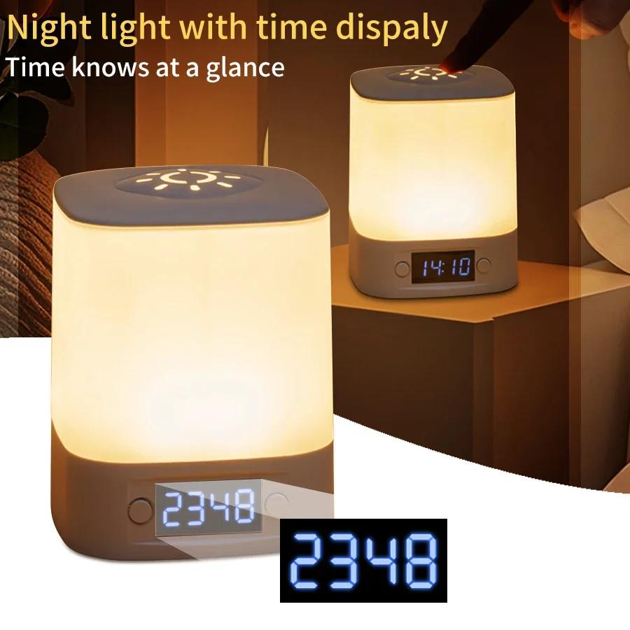 Rechargeable LED Night Light 3 Colors Dimmable Sleeping Bedside Lamp With Clock Time Display Remote Control Bedroom Table Lamp