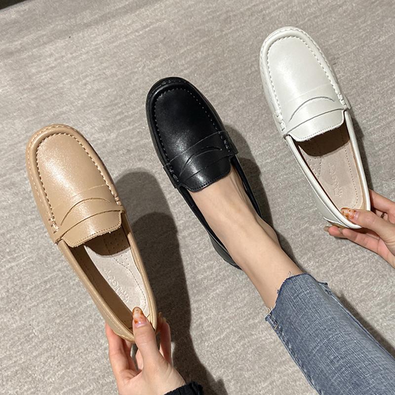 Solid Full Grain Leather Flats Woman Cowhide Moccasins Round Toe Slip On Shoes Ladies Daily Office Loafers Rubber Sneakers Mujer