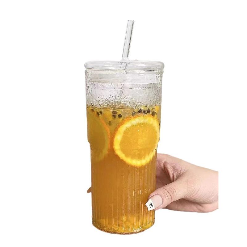 

Stripe Glass Cup with Lid and Straw Transparent Drinking Glasses for Juice Iced Coffee Water Cup Outdoor Drinkware Mug 600ml