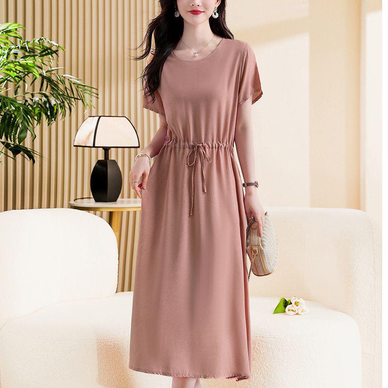 Fashionable Cotton Silk Plus Size Dress with Pockets for Middle-Aged and Elderly Women