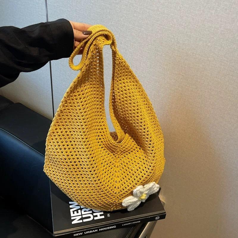 Lazy wind woven tote bag women's spring summer hollow simple knitted bag large capacity seaside vacation shoulder bag