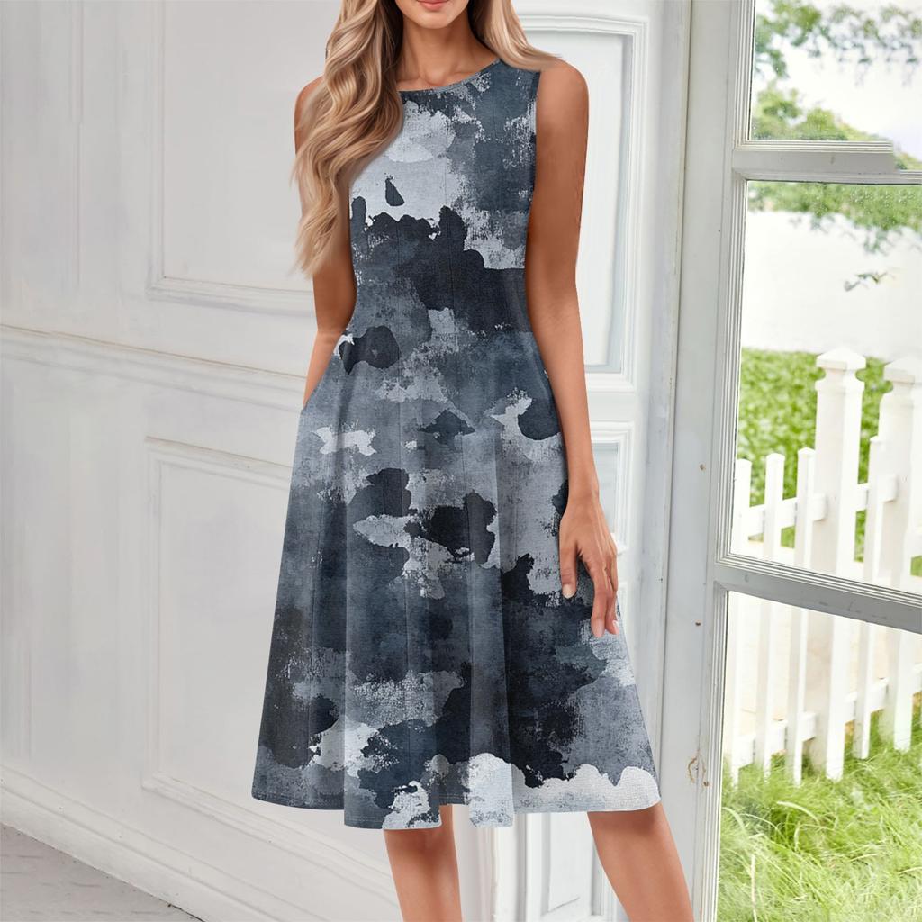 Women's Fashionable Round Neck Sleeveless Printed Casual Pullover Mid Length Dress