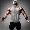 Men Sports Vest Hooded Sleeveless Solid Color Loose Deep Armpit Big Patch Pocket Training Exercise Jogging Tank Top
