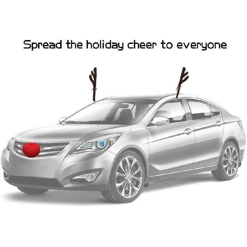 Christmas Car Reindeer Antlers And Nose Decorations Kit Vehicle Costume Plush Rudolf Red Nose Deer Antlers Auto Accessories