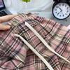 145cm Vintage Pink Plaid Drawstring Wide Leg Pants - Women's Slimming Straight Leg Summer Casual Loose Fit