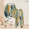 Women Plus Size Two Piece Set Hooded Long Sleeve Printed Navy Blue Top And Cuffed Pants