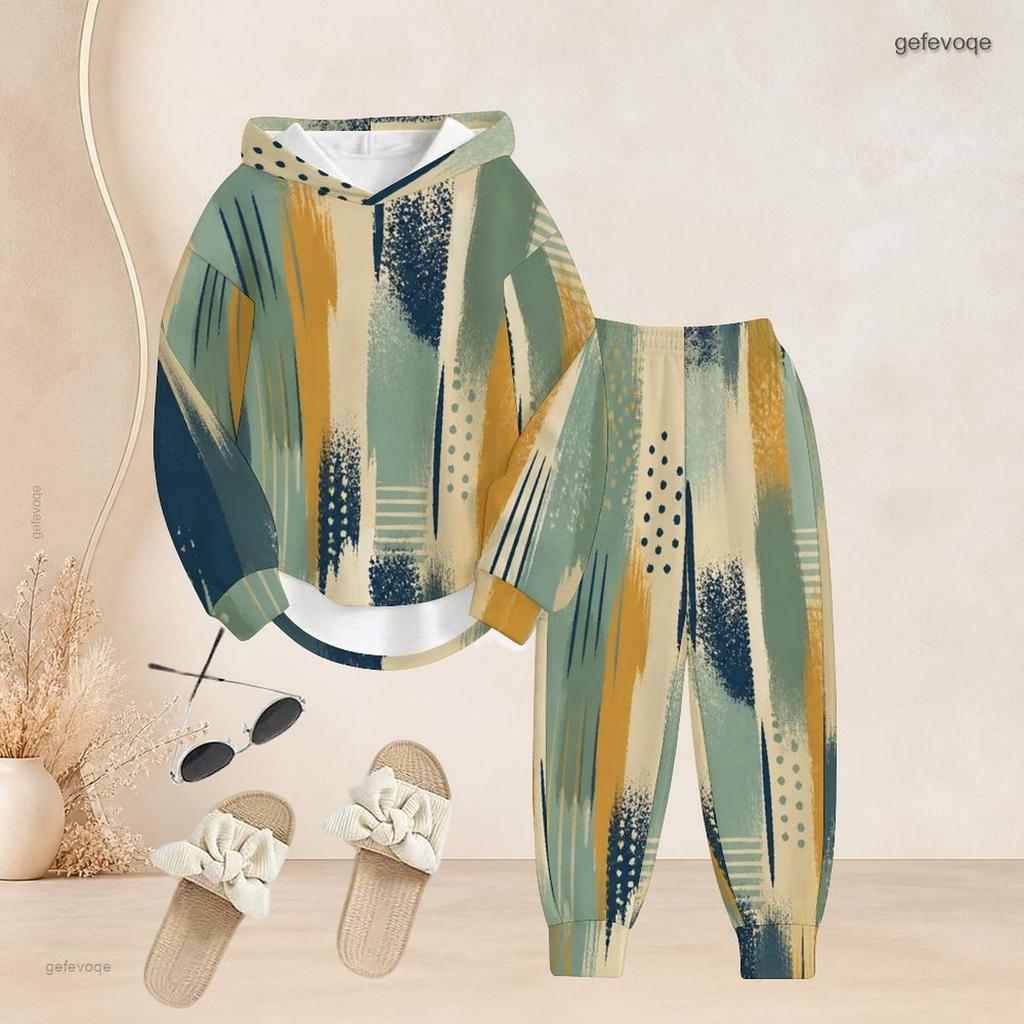 Women Plus Size Two Piece Set Hooded Long Sleeve Printed Navy Blue Top And Cuffed Pants