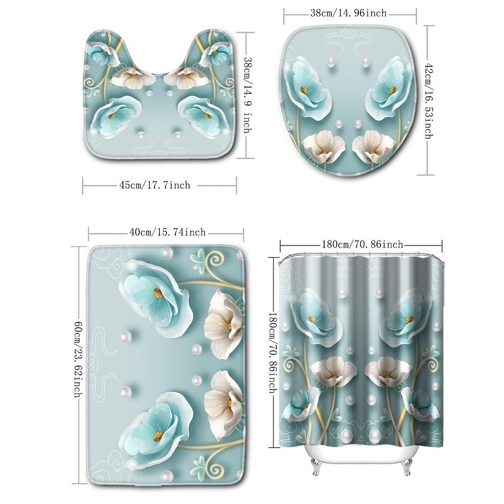 4-piece Set of Blue White Jade Orchid Waterproof Printed Shower Curtains with 12 Hooks, Bathroom Floor Mats