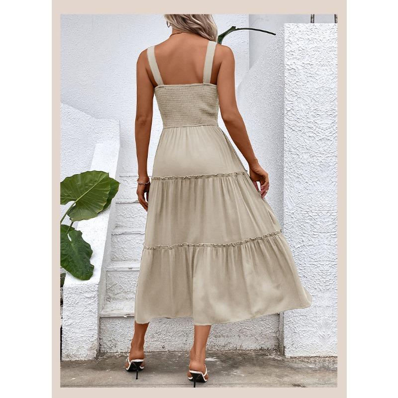 VEZFAA Kvinnemote Sommer Vår Ensfarget Print Ermeløse seler Høy midje Uformelle kjoler