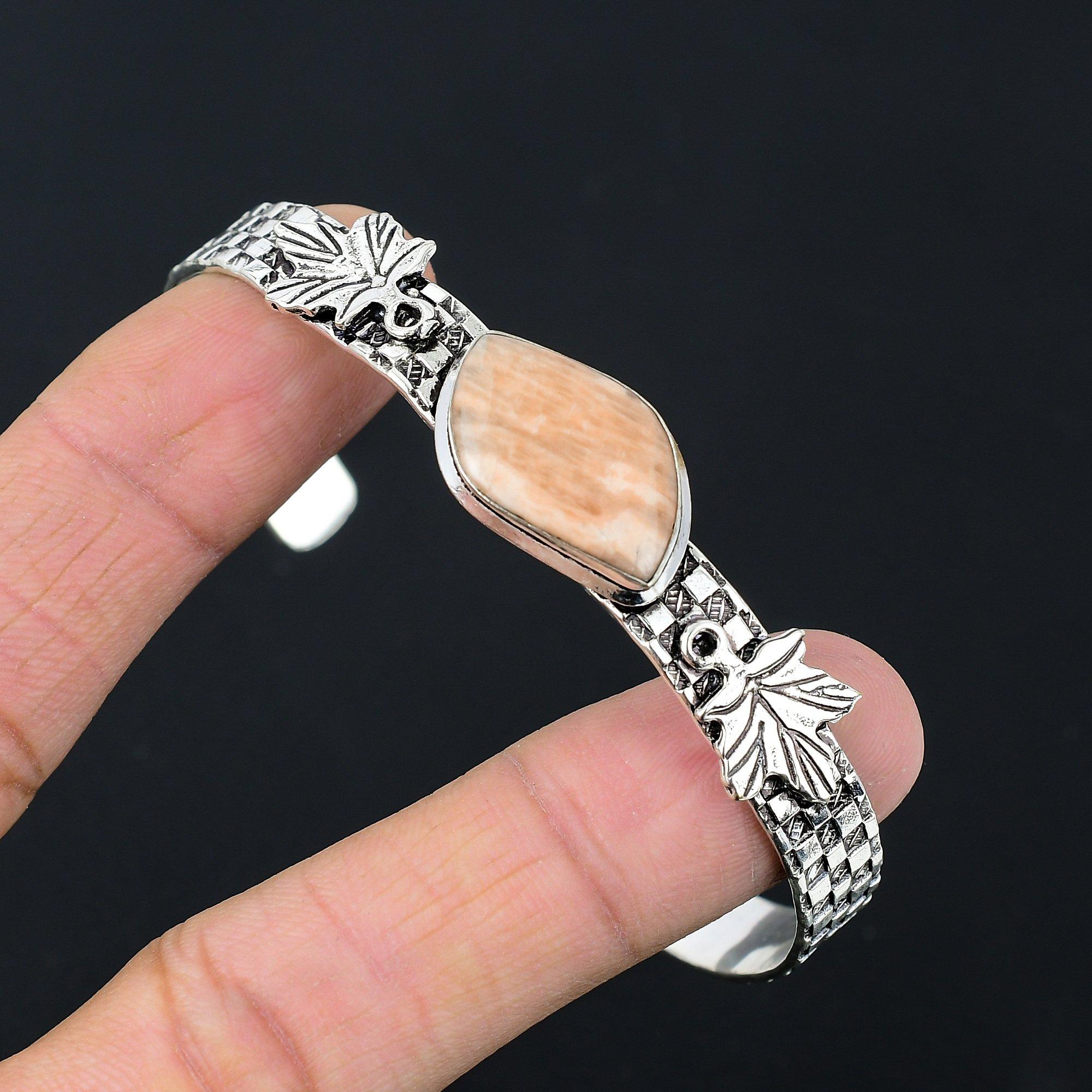 

Mothers day Deal Marquise Natural Brown Amazonite Sterling Silver Boho Bangle Adjustable