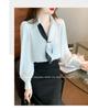 Fairy Stone Long Sleeve Chiffon Blouse with Ribbon and Solid Casual and Size Women's V-Neck, Color, Formal, B-53 (L, White)