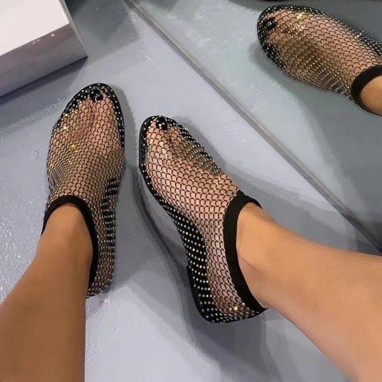 Spring new round head sandals with diamonds short boots summer sexy large size flat bottom hollow sandals women