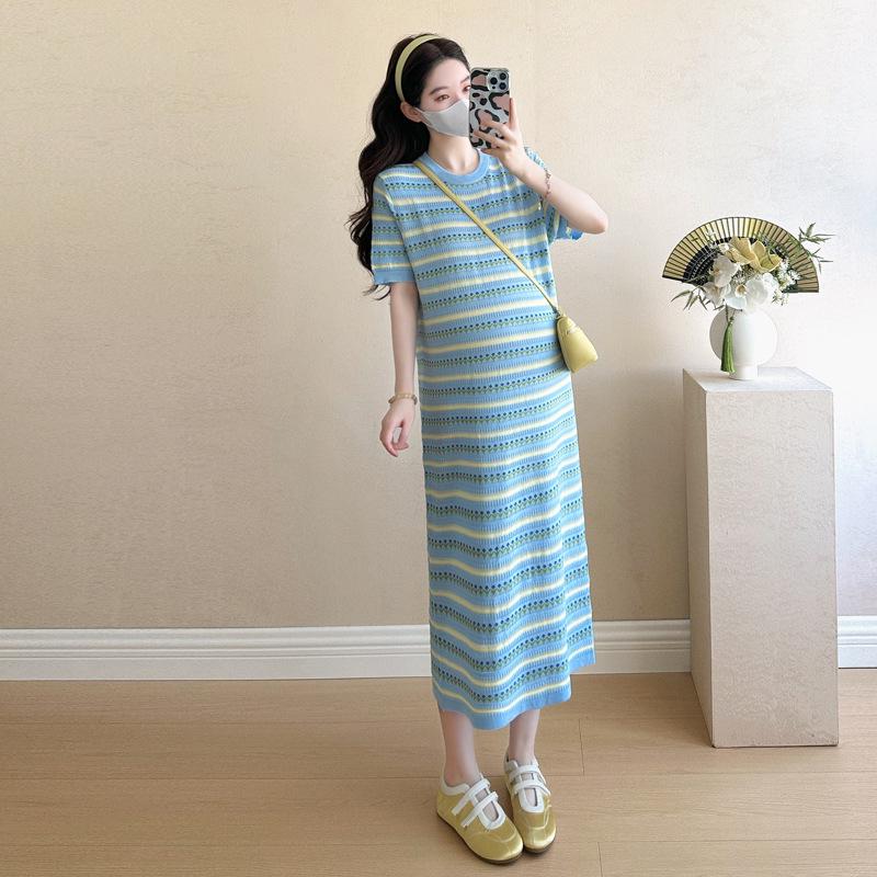 Maternity 2026 Summer Korean Fashion Striped Hollow-Out Loose Slimming Dress Large Plus