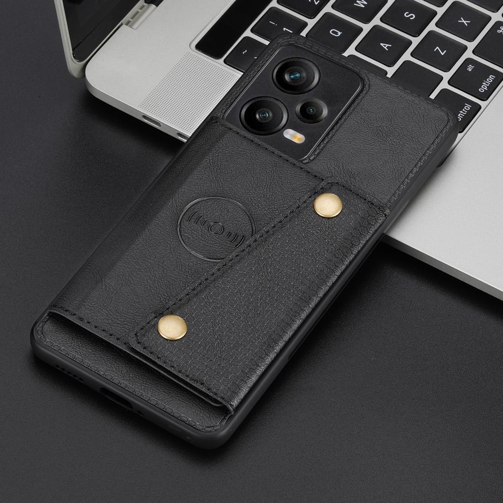 Dla Xiaomi Redmi Note 12 Pro 5G Etui z TPU pokryte skórą PU z podpórką, podwójne przyciski, przegródki na karty, pokrowiec na telefon z metalową płytką do mocowania samochodowego