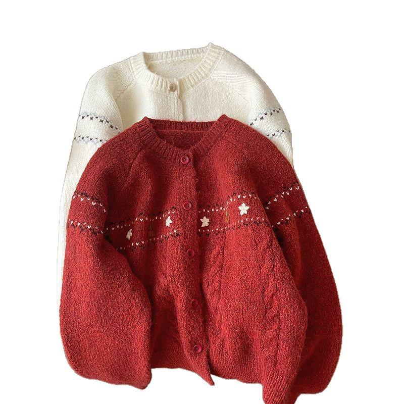 2024 Damen Cardigan mit Blumenstickerei - Frühling/Herbst, Rundhalsausschnitt, Einreiher