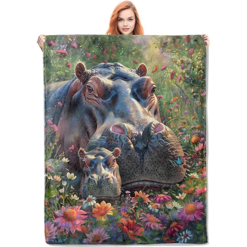 Hippo Family in Flower Field Blanket - Soft Flannel Throw with Hippo & Hippo Calf, All-Season Lightweight Bedspread, 75X95CM