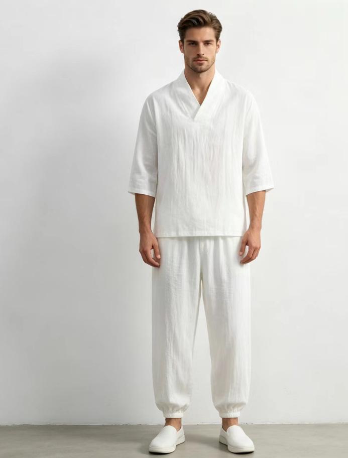 Mens Chinese Style Loose Cotton Linen Two Piece Set V Neck T Shirt Long Pants