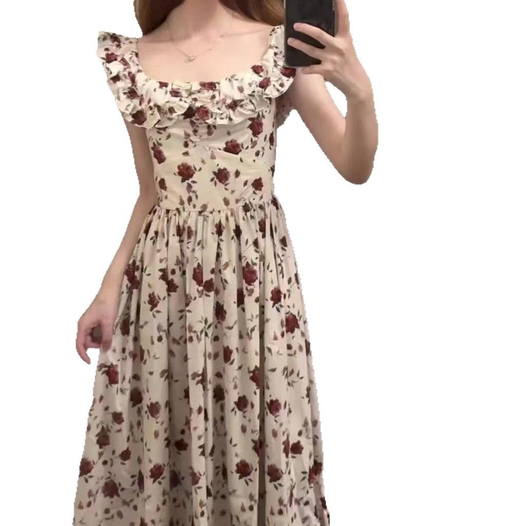 French high-end feeling flying sleeves floral dress women's summer new gentle temperament waist and thin long dress