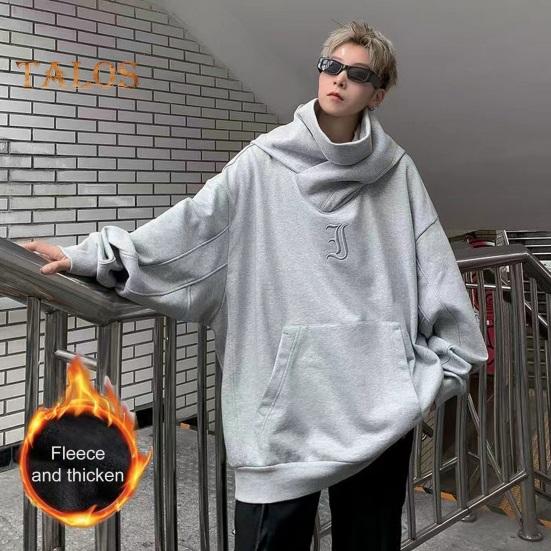 Felpa Uomo Autunno Primavera Stile Hip Hop Streetwear Peluche Spesso Calda Larga Colore Unico Con Cappuccio Ricamo Collo Alto Casual Pullover Top