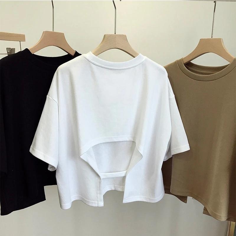 Tricou Casual de Vară pentru Femei Fără Spate Gât Rotund Coreean Femei Larg Dulce Picant cu Mânecă Scurtă Crop Tops