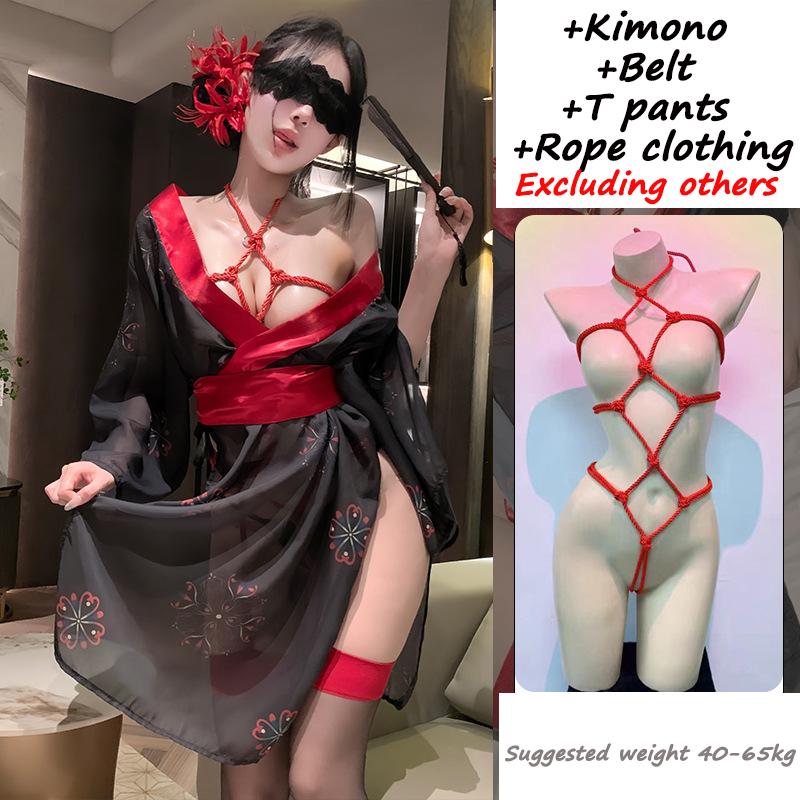 New Japanese Kimono Women Bathrobe Sexy Lingerie Phantom See Through Deep V Black Dress Binding Restraint Panties Set Costumes