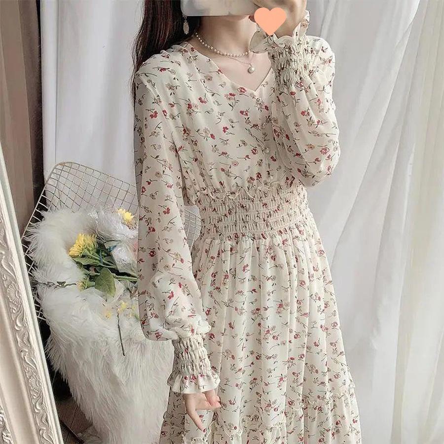 Floral Print Chiffon Dress Long Dress Women Spring New Korean Style Fairy Dress Ruffled Maxi Skirt