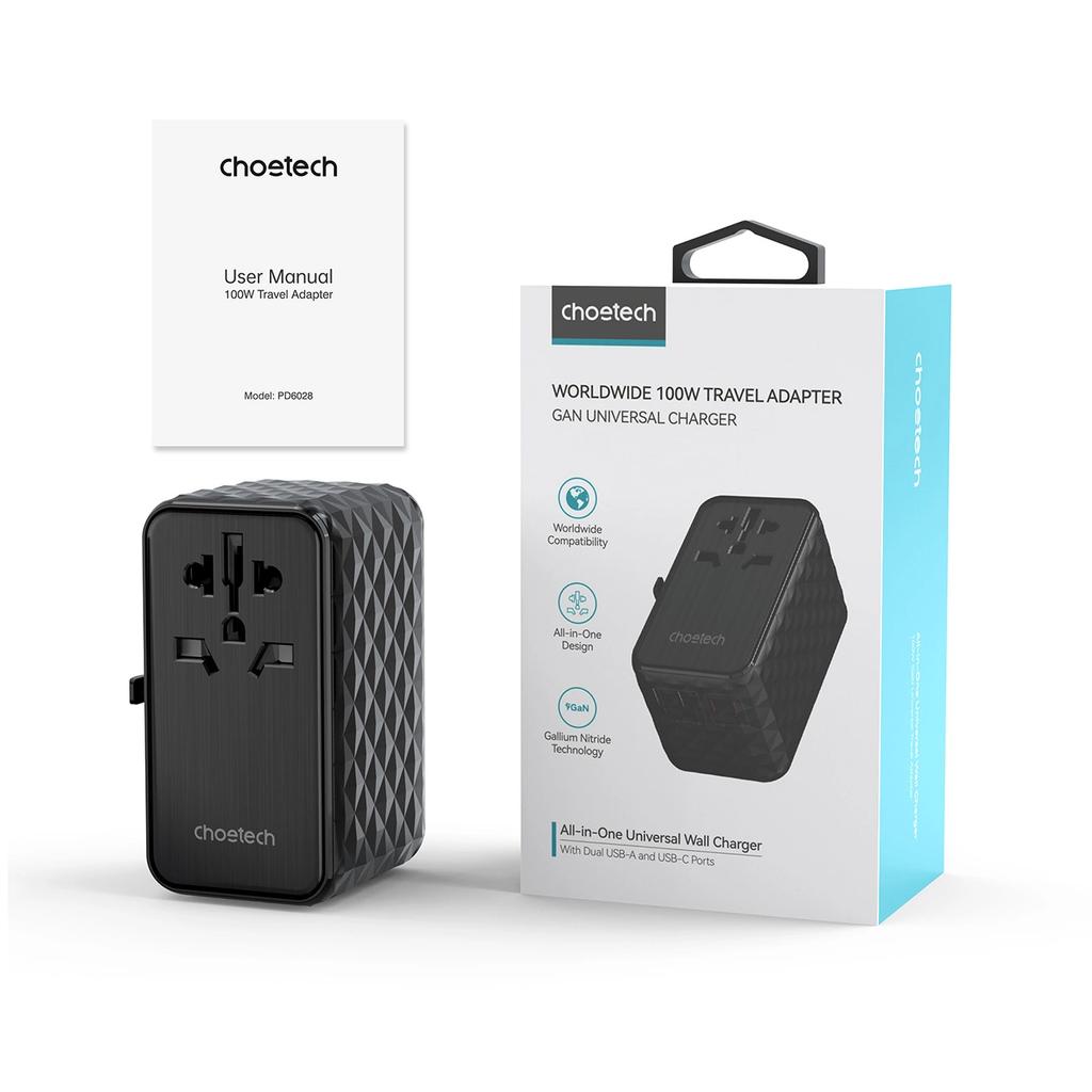 Adapter Podróżny Choetech Pd6028 Eu / Us / Aus / Uk 2X Usb-C 2X Usb-A 100W - Czarny