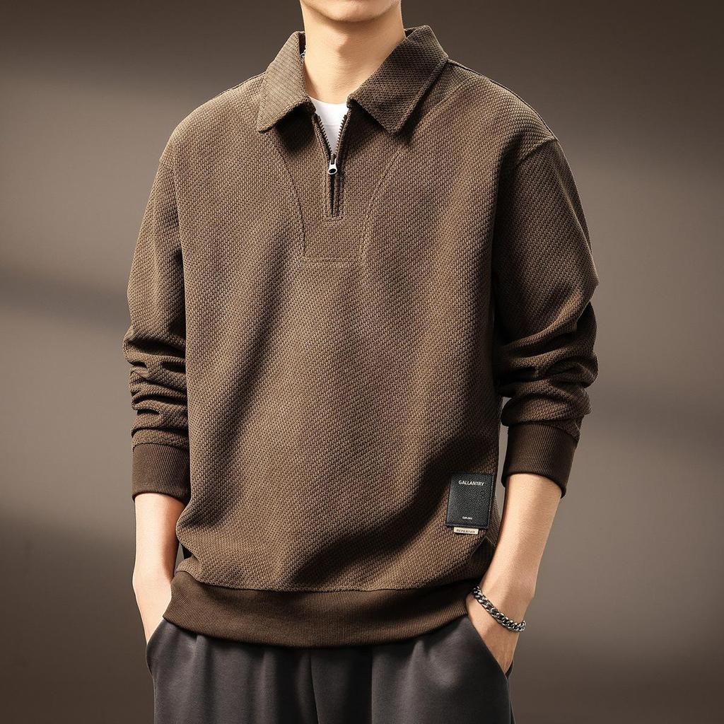 Men's High-End Half-Zip Corduroy Plush Hoodie: European Cotton, Ribbed Long Sleeve, Loose Fit, Autumn Polo Shirt.