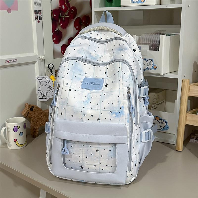 Cute Star Print School Backpack Lightweight Nylon Zipper Daypack with Clear Pocket for Teen Girls Daily Travel