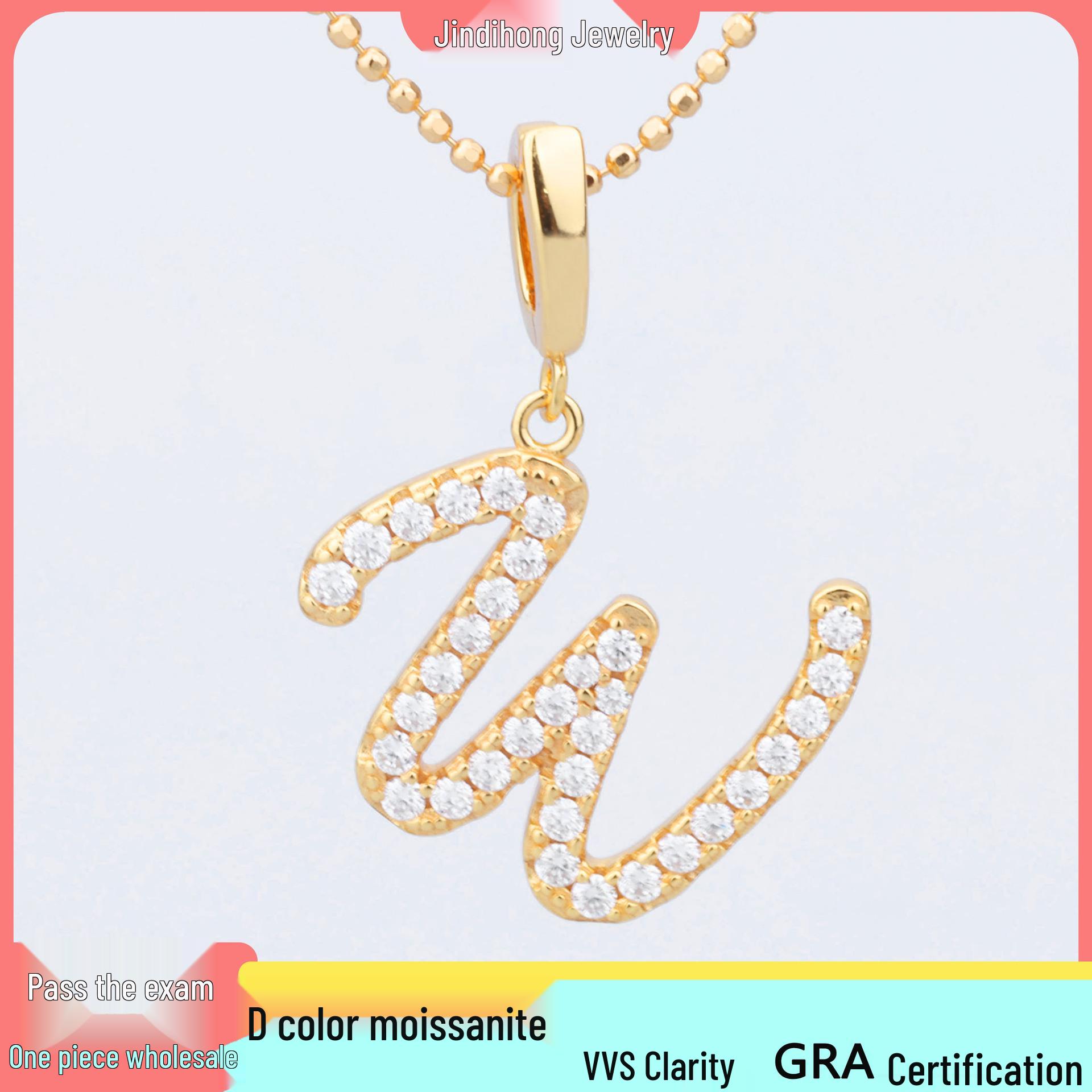 

S925 Sterling Silver Moissanite W Necklace - Luxury Inlaid Gift for Women with 26 English Letters шампанского/золотой