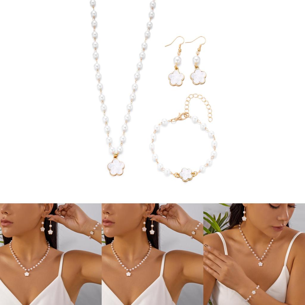 Geometric Flower Shape Jewelry Set With Pearl Pendant For Women Fashion Accessories